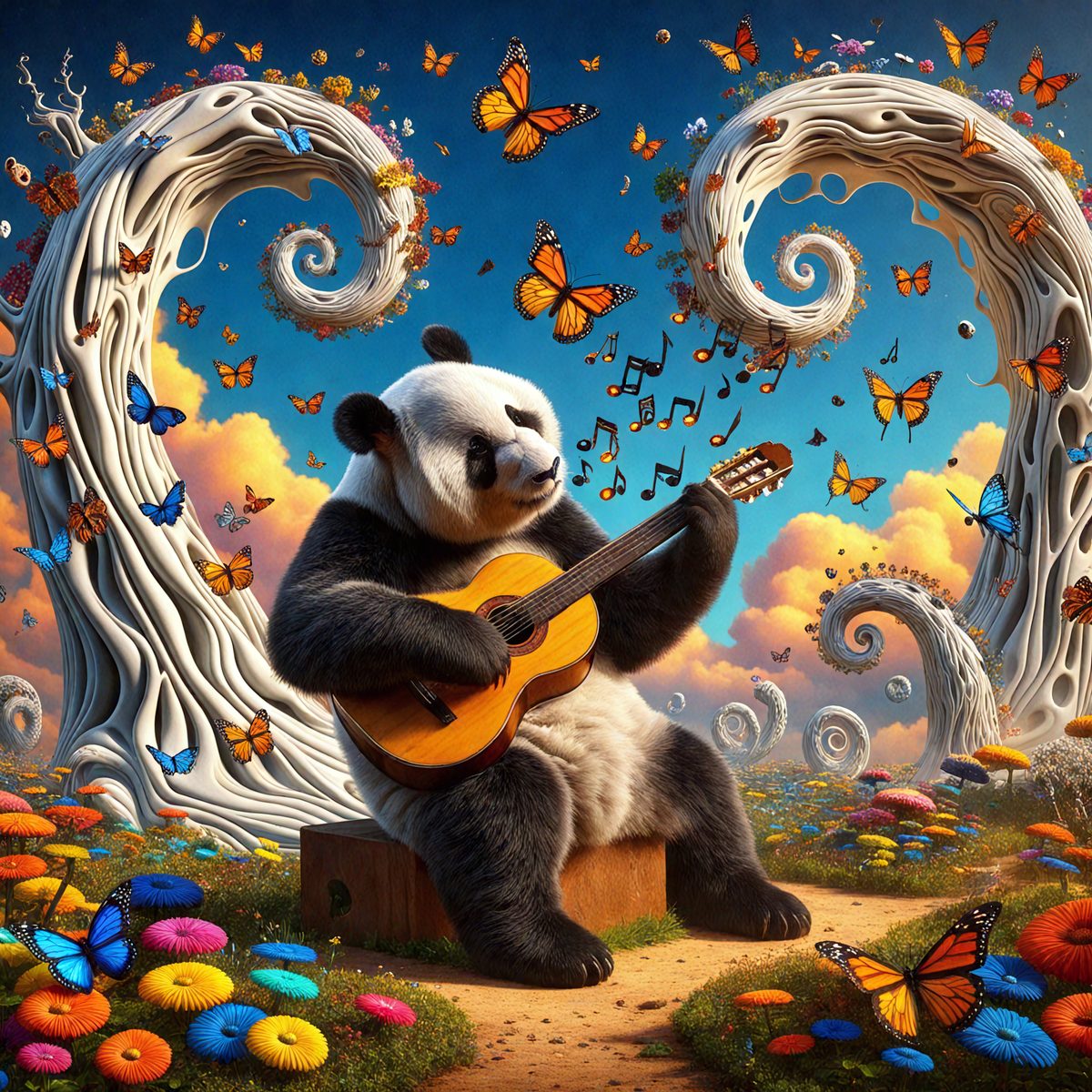 The primary subject of the image is a panda bear sitting on a stump and playing a guitar. The setting is a lush, colorful garden filled with various flowers and butterflies. The visual style is a digital art illustration, creating a whimsical and vibrant atmosphere. The dominant colors are shades of pink, yellow, and green, with the butterflies adding a pop of color to the scene.